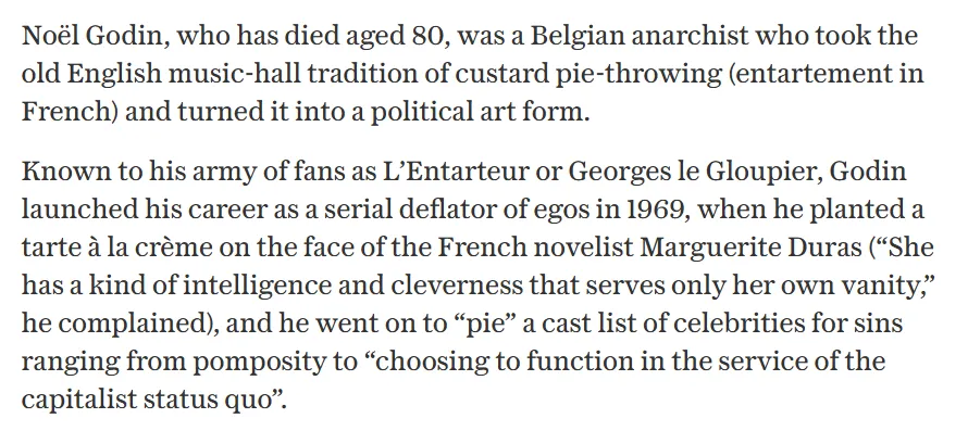 Daniel_Sugarman's tweet photo. The world's most notorious custard-pie thrower is dead. What an obituary. He got Bernard-Henri Lévy seven times.

https://t.co/C6yRtdzlJK https://t.co/FeLT5EmOSk