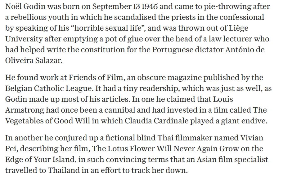 Daniel_Sugarman's tweet photo. The world's most notorious custard-pie thrower is dead. What an obituary. He got Bernard-Henri Lévy seven times.

https://t.co/C6yRtdzlJK https://t.co/FeLT5EmOSk