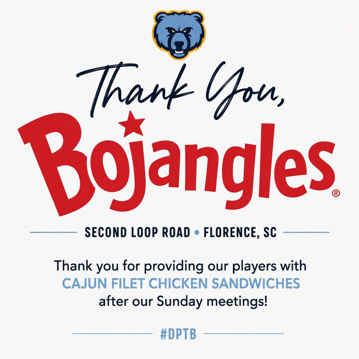 SFBruinFootball's tweet photo. Sunday meetings hit a little different when Bojangles on Second Loop Road shows up!

Huge thank you for providing our Bruins with Cajun Filet Chicken Sandwiches after Sunday meetings. We appreciate you investing in our players and supporting South Florence Football.

Community feeding community. Bruins supporting Bruins.

#DPTB #SouthFlorenceFootball #GoBruins