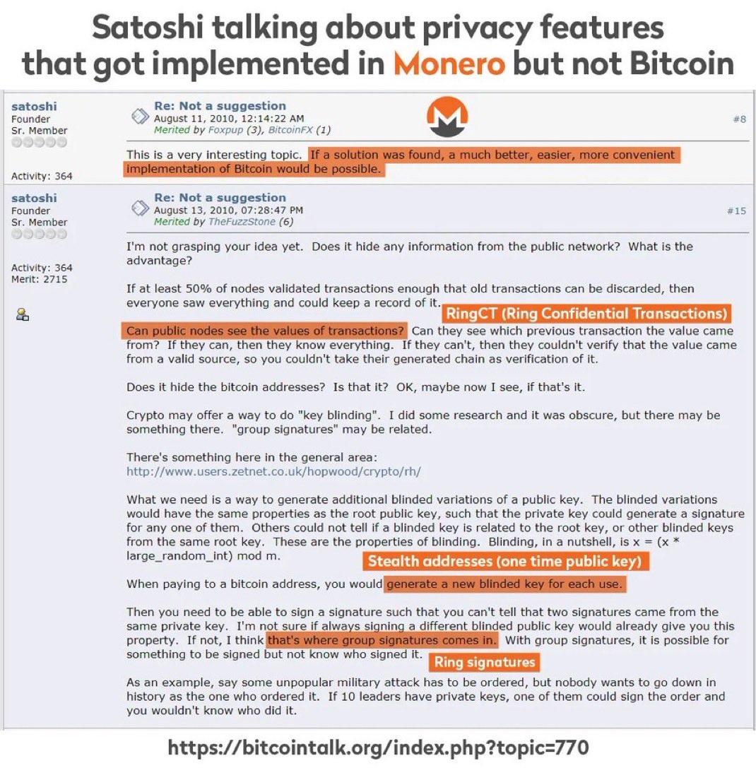 Cryptotea's tweet photo. Satoshi was actively exploring ways to hide transaction values and addresses, but didn’t have a solution at the time

shortly after his departure the solution was found and implemented in monero

do you ever wonder why the bitcoin devs never tried to implement this? https://t.co/5u3I2eTeCW