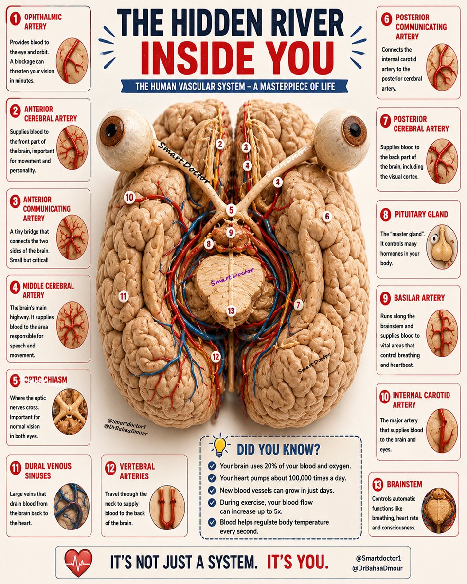Smart1Doctor1's tweet photo. 🔹 Your brain is not powered by one artery—it survives through an interconnected vascular network working every second of your life.

#BrainHealth #Neuroscience #StrokeAwareness #DrBahaaDmour #Smartdoctor1 https://t.co/xCzQv96Dd1