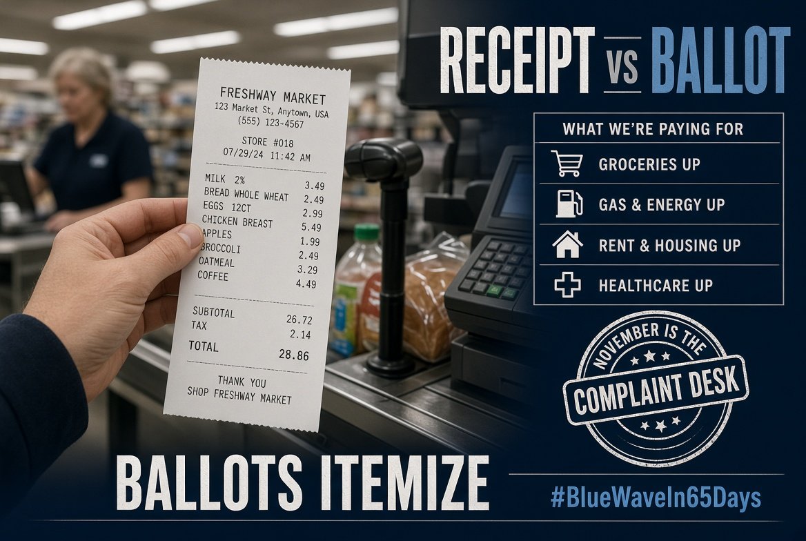 realTuckFrumper's tweet photo. Prices are not a talking point when the receipt is in your hand. Campaigns talk. Ballots itemize. If the year felt like a surcharge, November is the complaint desk. #BlueWaveIn65Days https://t.co/S1z3RjXfFL