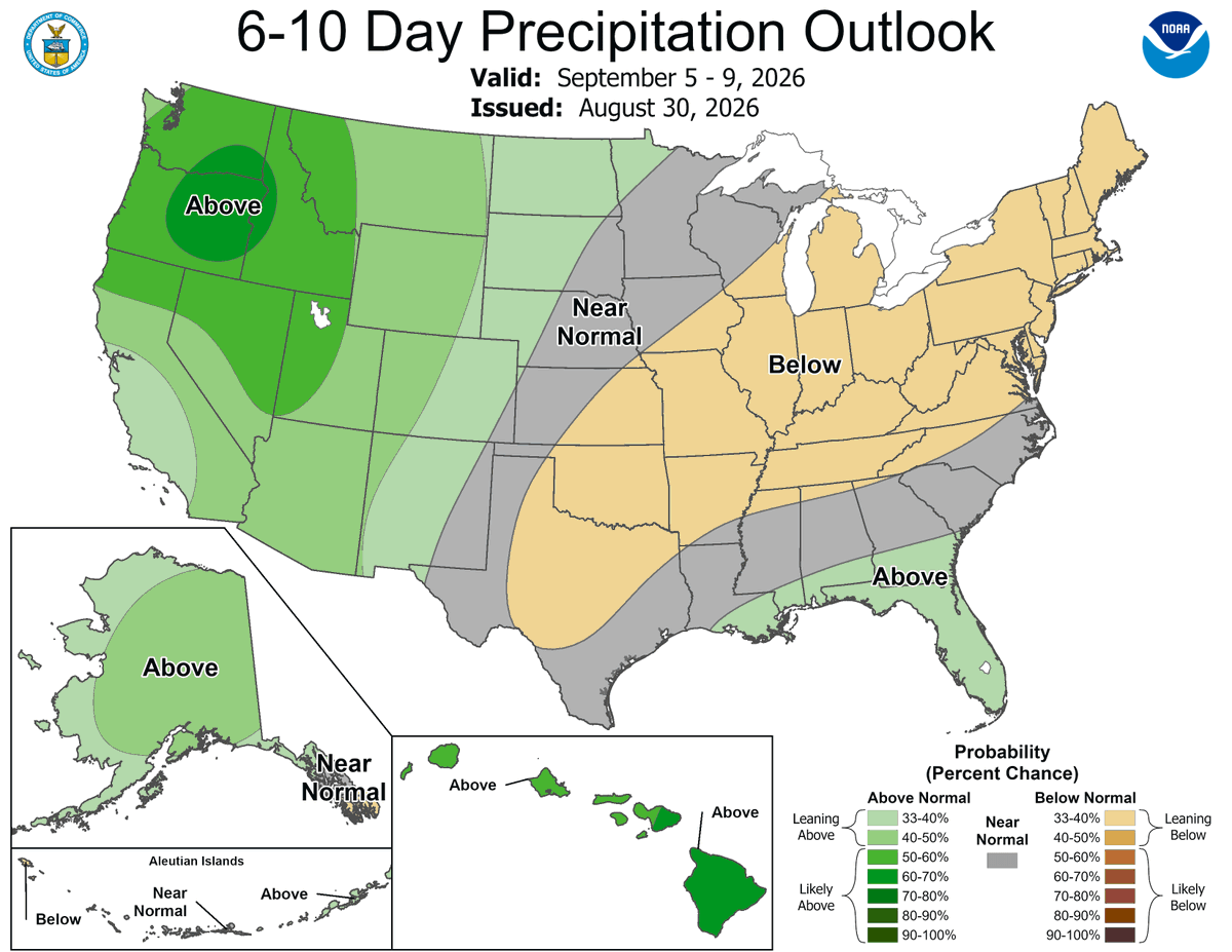 jpmccormick3's tweet photo. It's looking like we will cook this crop to the finish line
6 to 10 Day Outlooks Valid: September 05 to 09, 2026
Updated: 30 Aug 2026#Corn #Soybeans #Wheat #AgWeather #AgWx #GrainMarkets #CornBelt https://t.co/gE81ehUzyd