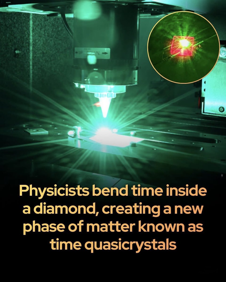 NextScience's tweet photo. 🚨 Scientists Created Matter That “Ticks” Through Time

Physicists at Washington University in St. Louis created a time quasicrystal inside a tiny diamond. Unlike ordinary crystals that repeat patterns in space, this strange quantum system creates repeating patterns through time.

Using millions of atomic defects and precisely timed microwave pulses, researchers made electrons oscillate at multiple stable frequencies — like a quantum chord.

The breakthrough could eventually lead to ultra-sensitive quantum sensors and new ways to store quantum information.
For now, it doesn’t tell time. It makes time tick. 

Source: 
Washington University in St. Louis. Experimental realization of discrete time quasicrystals. Physical Review X.