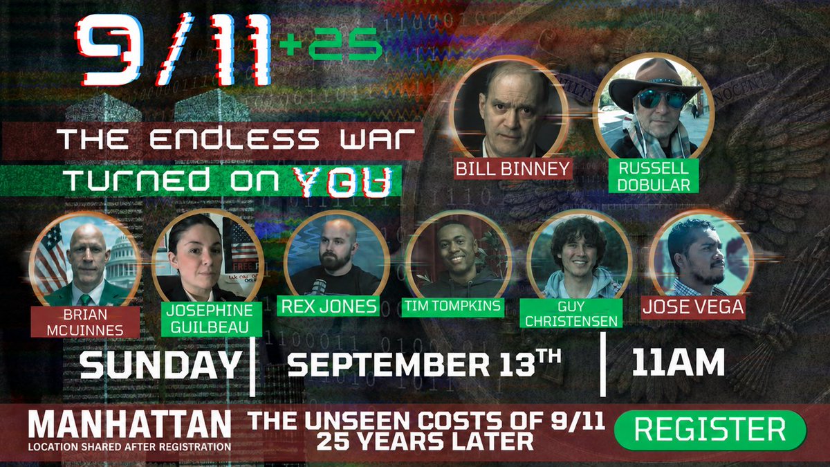 votevega26's tweet photo. Twenty-five years after 9/11, the wars may have changed names, but the machinery built in their shadow never disappeared.

On September 13, two former NSA insiders who witnessed that machinery from the inside will take the stage together in Manhattan.

William Binney, a former NSA technical director, helped develop ThinThread, an intelligence system designed to identify threats while protecting Americans’ privacy.

J. Kirk Wiebe, an award-winning former senior NSA analyst, worked alongside Binney and challenged the agency’s waste, mismanagement, and warrantless mass surveillance.

They will be joined by a new generation refusing to accept endless war as normal: young independent media voices Guy Christensen and Rex Jones.

Also appearing are Marine veteran Brian McGinnis, whose arm was broken during his removal from a Senate war hearing after speaking out against war with Iran, and Josephine Guilbeau, a 17-year Army veteran and former military intelligence officer who has become an outspoken anti-war voice.

Sunday, September 13 at 11 AM
Manhattan, with the exact location provided after registration

https://t.co/jH6hSQcZ9e