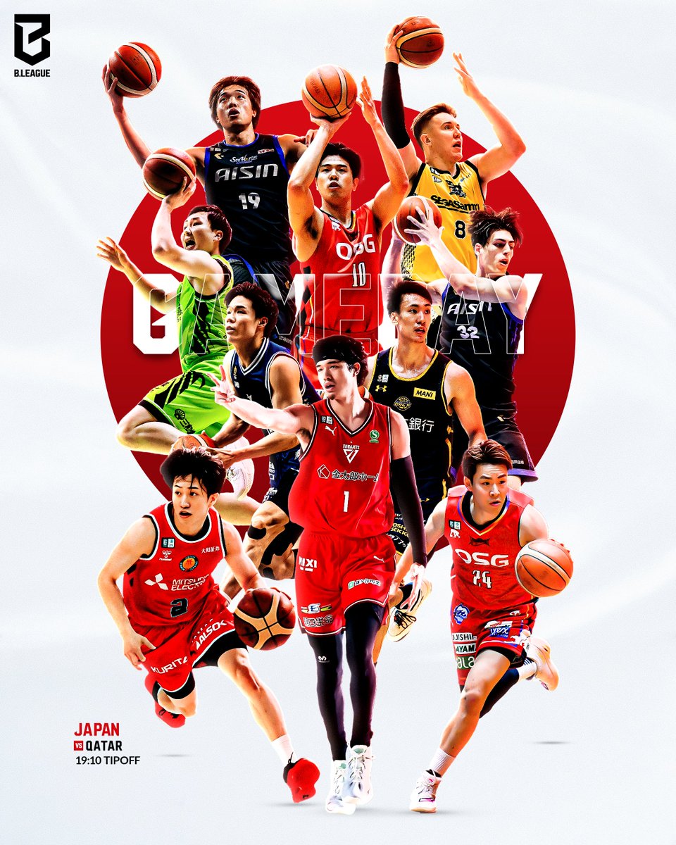 B_LEAGUE's tweet photo. ◤￣￣￣￣￣￣￣￣￣￣￣￣￣￣￣
  #AkatsukiJapan 𝐆𝐀𝐌𝐄𝐃𝐀𝐘🇯🇵
＿＿＿＿＿＿＿＿＿＿＿＿＿＿＿◢

Bリーグから10名の選手がロスター入り🔥

🏆FIBAバスケットボールワールドカップ2027 アジア地区予選 Window4
🆚カタール
⏰19:10 TIPOFF
📺日本テレビ系列にて生放送
📡DAZN/TVerにて生配信

#Bリーグ
※画像は2025-26シーズン