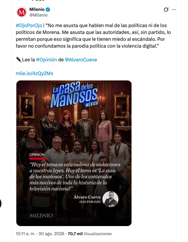 RealArturoH's tweet photo. Álvaro Cueva Cantú, colaborador de Milenio, calificó recientemente a La Casa de los Mañosos como “uno de los contenidos más nocivos de toda la historia de la televisión nacional”. Sin embargo, ha recibido al menos 3.8 millones de pesos de los gobiernos de Andrés Manuel López Obrador y Claudia Sheinbaum. 

Es natural que esté en contra de contenidos que afecten a sus mecenas.