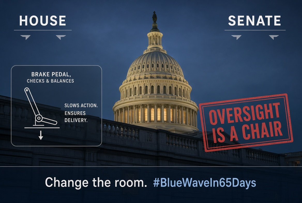 realTuckFrumper's tweet photo. Congress is the brake pedal. Midterms decide who gets it. Oversight is not a mood. It is chairs, calendars, and the power to say no. 65 days to change the room. #BlueWaveIn65Days https://t.co/hlSSc6XYT7