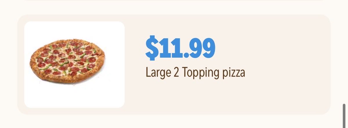 prkrnolan's tweet photo. Buy 2 or more pizzas: $12.99 each
Buy the same 2 pizzas, but click a different button: $11.99 each

Incredible 4D chess happening on the @dominos menu https://t.co/ypQmaU33i5