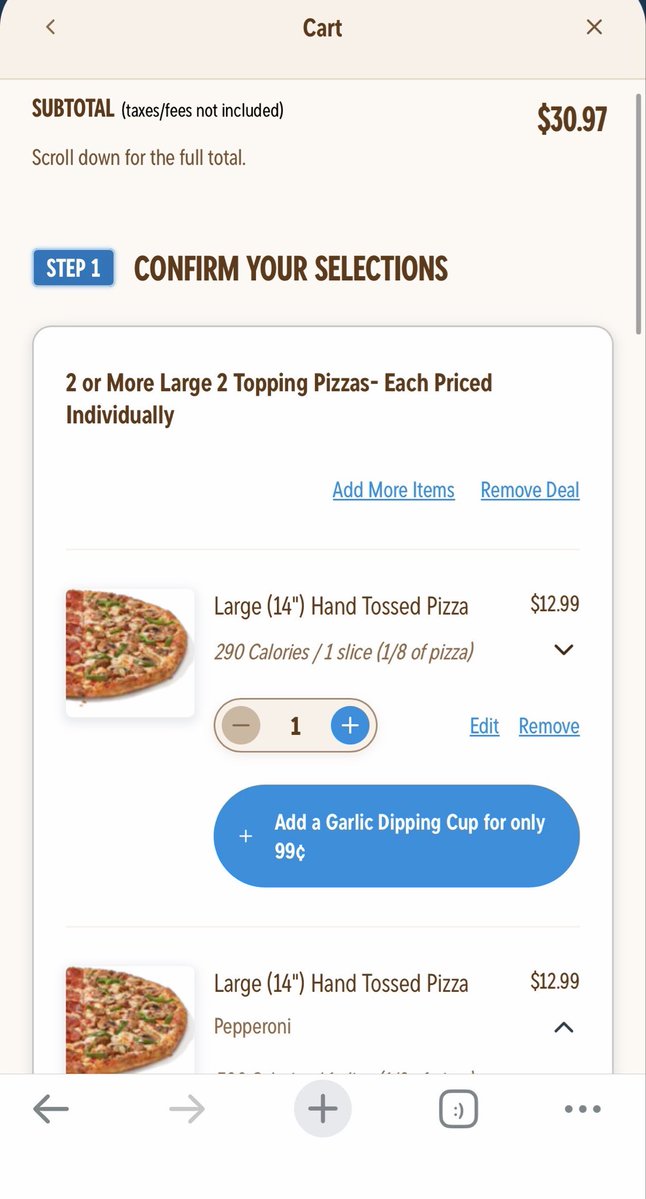 prkrnolan's tweet photo. Buy 2 or more pizzas: $12.99 each
Buy the same 2 pizzas, but click a different button: $11.99 each

Incredible 4D chess happening on the @dominos menu https://t.co/ypQmaU33i5
