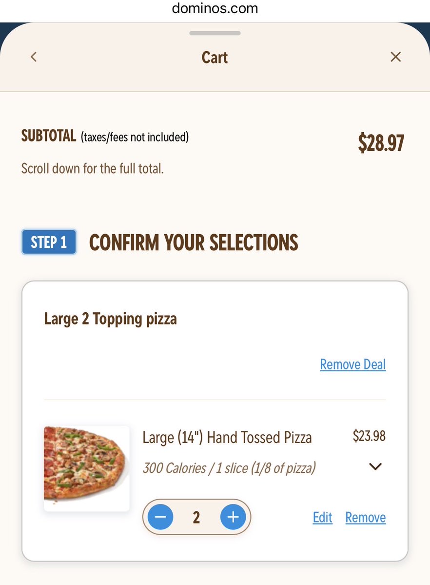 prkrnolan's tweet photo. Buy 2 or more pizzas: $12.99 each
Buy the same 2 pizzas, but click a different button: $11.99 each

Incredible 4D chess happening on the @dominos menu https://t.co/ypQmaU33i5