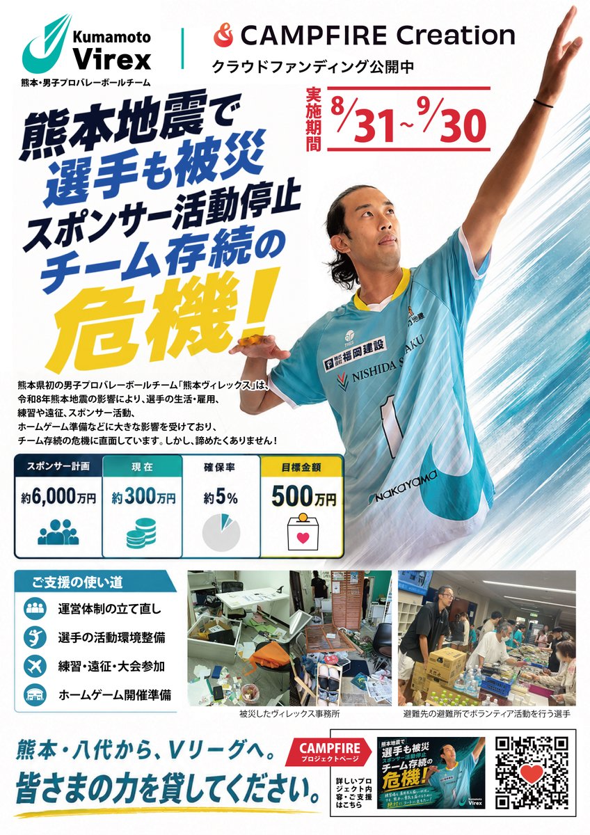 kumamotovirex's tweet photo. 本日（8/31）より、クラウドファンディングをCAMPFIREにて開始いたしました。

ご支援・リポストのほど、何卒よろしくお願いいたします！

https://t.co/UZghc0haL0 https://t.co/JYLhczs9q1