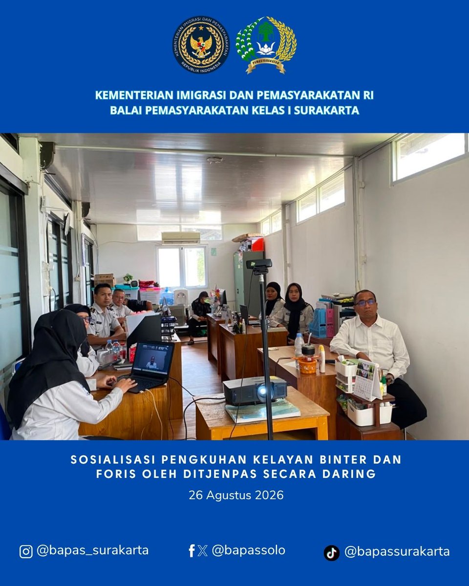 bapassolo's tweet photo. 📢 Sosialisasi Kelayan Binter Ditjenpas

Pada Rabu, 26 Agustus 2026, Balai Pemasyarakatan (Bapas) Kelas I Surakarta mengikuti kegiatan Sosialisasi Kelayan Binter yang diselenggarakan oleh Direktorat Jenderal Pemasyarakatan (Ditjenpas) secara daring. https://t.co/4MlIJbfixG