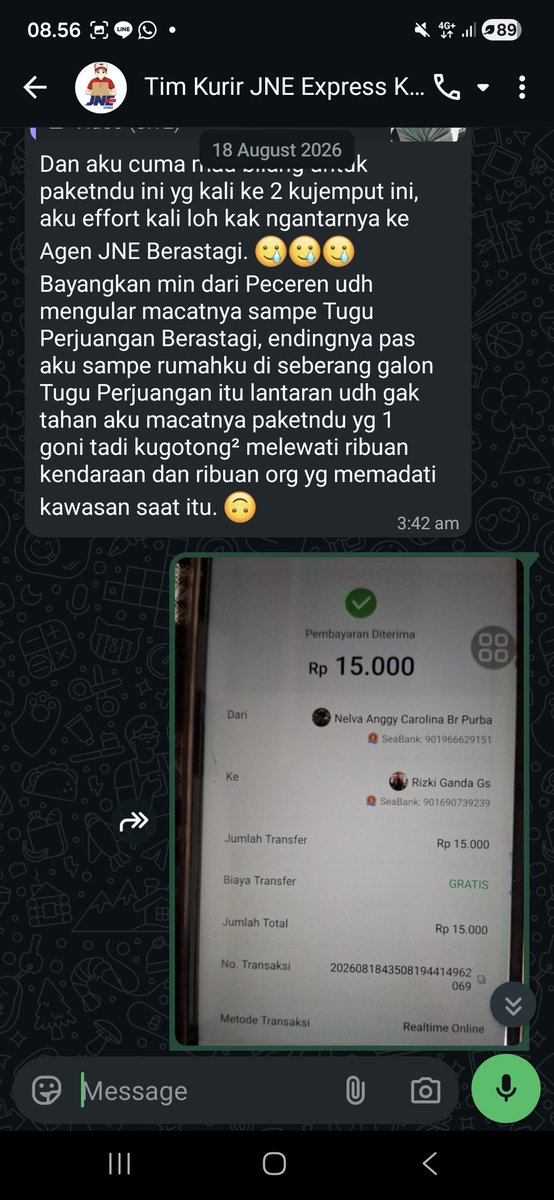 AnggiNelva's tweet photo. @JNECare @JNE_ID @jne Bukti, dan krn saran owner lain, kadih aja sebagai last tip. Aku akhirnya tf 15k ke dia.
Setelah inii ada jadwal pick up tgl 28 agst. Tapi waktu pick up dia marah" dan bener bener ga sopan. Dia nanya totalnya brp, aku jawab 12 krn blm siap smua. Dia langsung blng gabisa dan pergi https://t.co/ivZMeUl2lN
