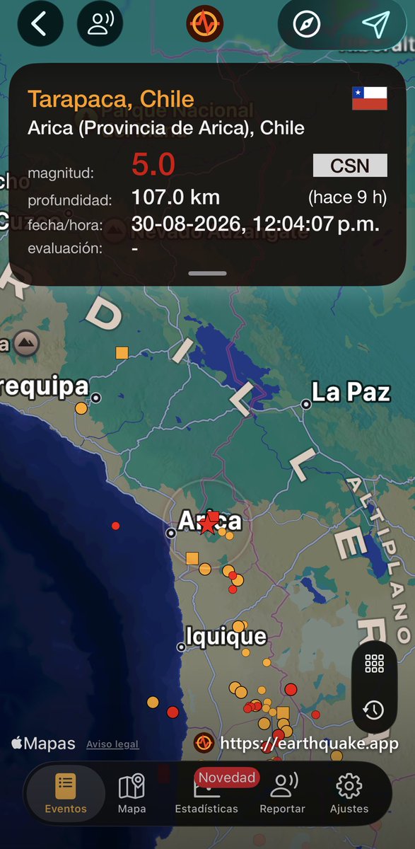 oloptovideos's tweet photo. hace 9 h #terremoto 5.0 en Arica (Provincia de Arica), Chile, 107.0km, 12:04 p.m. CLT (CSN ) https://t.co/L0DQqvH5bo https://t.co/SbtAmJLqgq