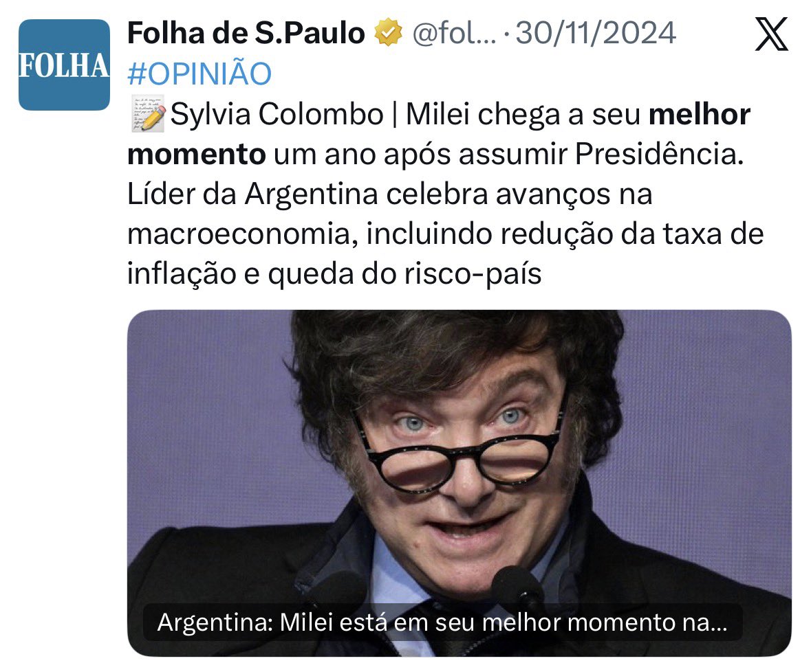 PedroRonchi2's tweet photo. A Folha elogiava o Milei em 2024 // Em 2026 finge demência sobre o Milei https://t.co/q5QjtXcRUb