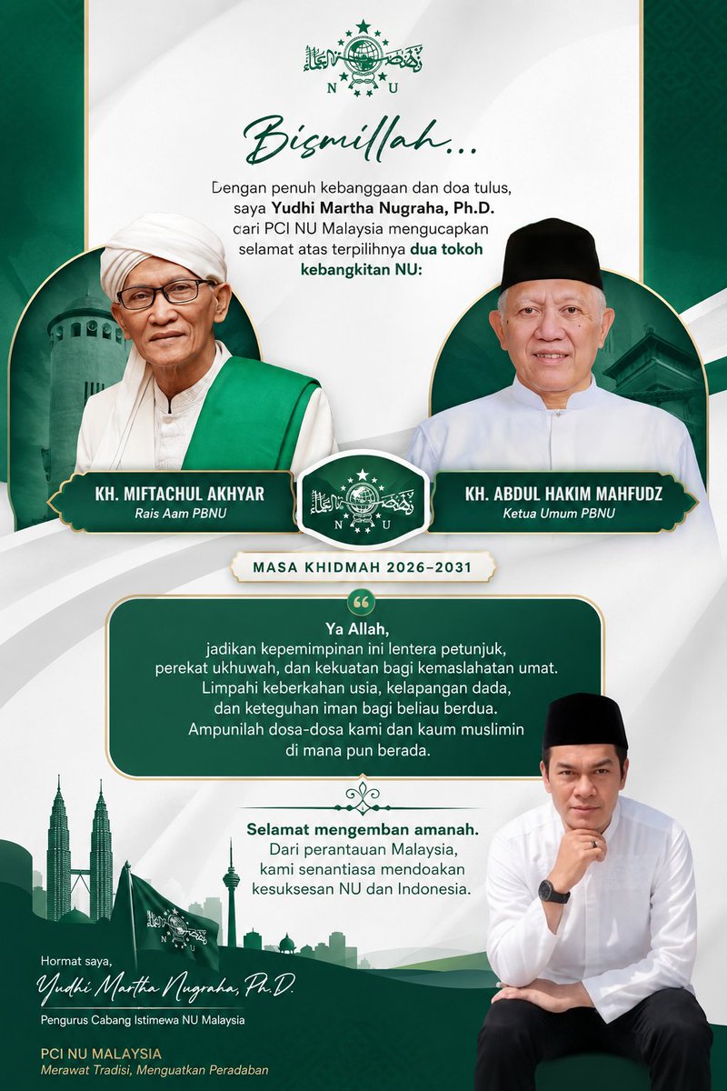 ymnugraha's tweet photo. Bismillah. 💚 Selamat atas amanah baru KH. Miftachul Akhyar sebagai Rais Aam PBNU dan KH. Abdul Hakim Mahfudz sebagai Ketua Umum PBNU masa khidmah 2026–2031. Semoga menjadi kepemimpinan yang membawa keberkahan, persatuan, dan kemaslahatan umat.
 🇮🇩🇲🇾💚 https://t.co/HPNWFdThUb
