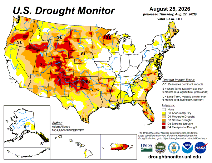 jpmccormick3's tweet photo. U.S. Drought Monitor August 25, 2026 vs August 26, 2025 #Corn #Soybeans #Wheat #AgWeather #AgWx #GrainMarkets #CornBelt https://t.co/0AvbkN2nW1