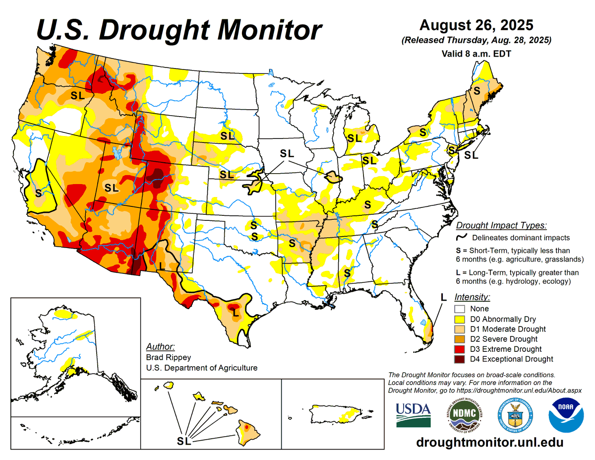 jpmccormick3's tweet photo. U.S. Drought Monitor August 25, 2026 vs August 26, 2025 #Corn #Soybeans #Wheat #AgWeather #AgWx #GrainMarkets #CornBelt https://t.co/0AvbkN2nW1
