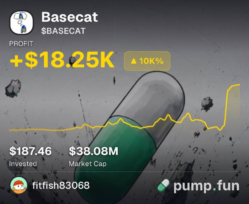 PumpfunEco's tweet photo. This trader bought $187 worth of $Basecat at a $387K market cap and never sold a single coin 

The position is now worth $18,250 https://t.co/RFppx11imA
