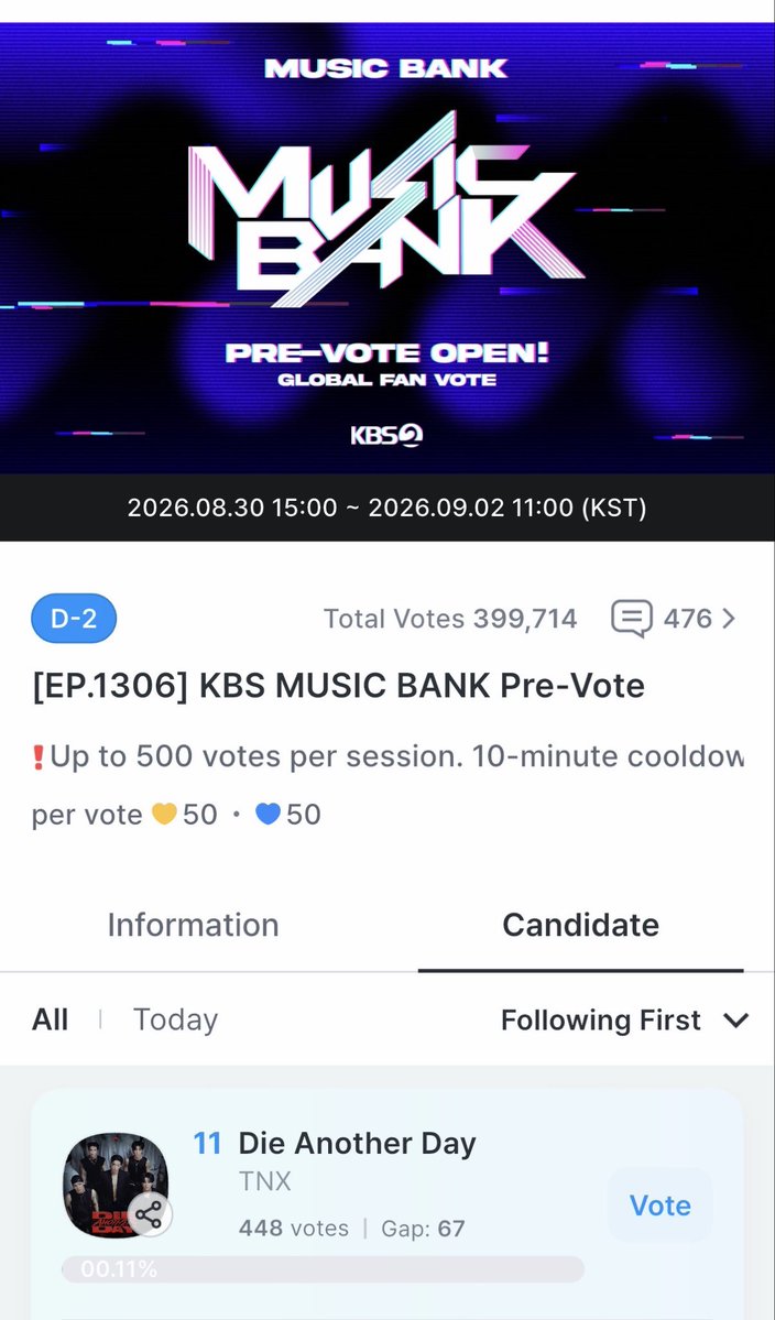 HaslindawatiHas's tweet photo. Pre-vote for Music Bank has opened in Coogoong app…Let’s show support for TNX 💪💪

#TNX #티엔엑스
#Die_Another_Day
#PNATION #피네이션 https://t.co/s9r6r3rKoY