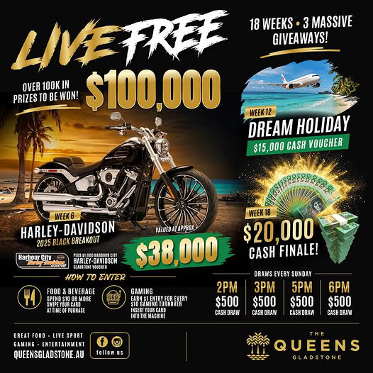 hallalexander42's tweet photo. What did we do today? We delivered this stunning 2025 Harley-Davidson Breakout to The Queens Hotel Gladstone—and now it could be yours! With over $100, 000 in prizes, support your local and enter for your chance to win. https://t.co/R4GS4M9qcj
