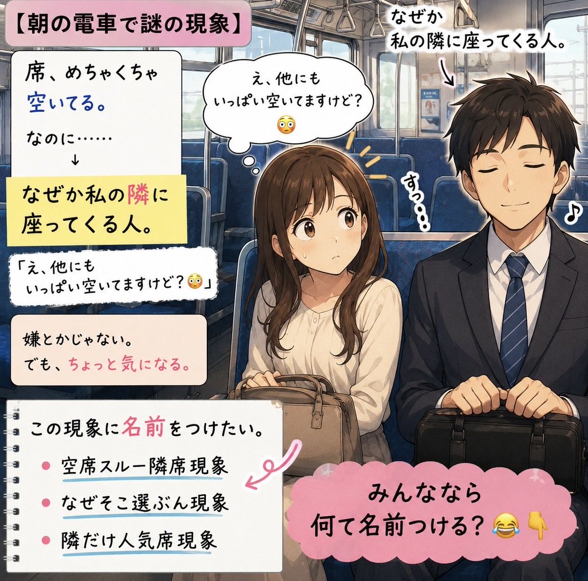 tanukiLabo0214's tweet photo. 今起きたことをポストします😭
変な意味ではないので、叩かないでね。

🚃【朝の電車で謎の現象】

席、めちゃくちゃ空いてる。

なのに……

なぜか私の隣に座ってくる人。

「え、他にもいっぱい空いてますけど？😳」

嫌とかじゃない。
でも、ちょっと気になる。

この現象に名前をつけたい。

・空席スルー隣席現象
・なぜそこ選ぶん現象
・隣だけ人気席現象

みんななら何て名前つける？😂👇

#満員電車 #電車あるある #通勤あるある #あるある #たぬきラボ