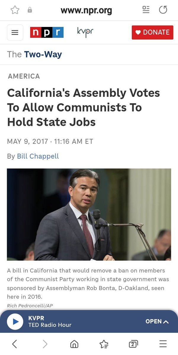 spencerpratt's tweet photo. Think I'm joking? Bob Bonta spearheaded a bill to allow avowed communists to infiltrate positions of power in CA state government. The rest is history. We are dealing with a literal communist agent. 

Hat tip @mikesmemes62660 for the find. https://t.co/gjCVWoFXXR