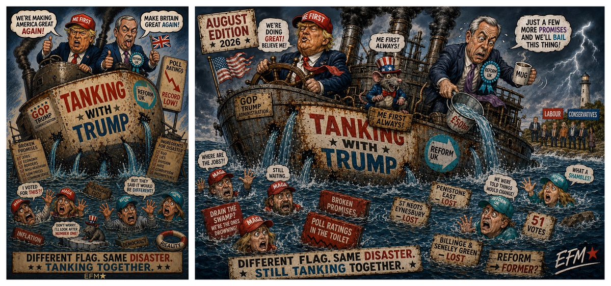 EFM_Star's tweet photo. Four months later: The water is higher, the promises are lower, and the ship is still sinking 🌊
Same captains, bigger disaster 👨🏻✈️
#TankingWithTrump #ReformUK #Trump #Farage #PoliticalSatire #EFM⭐️ https://t.co/VW4k2Zb8z5