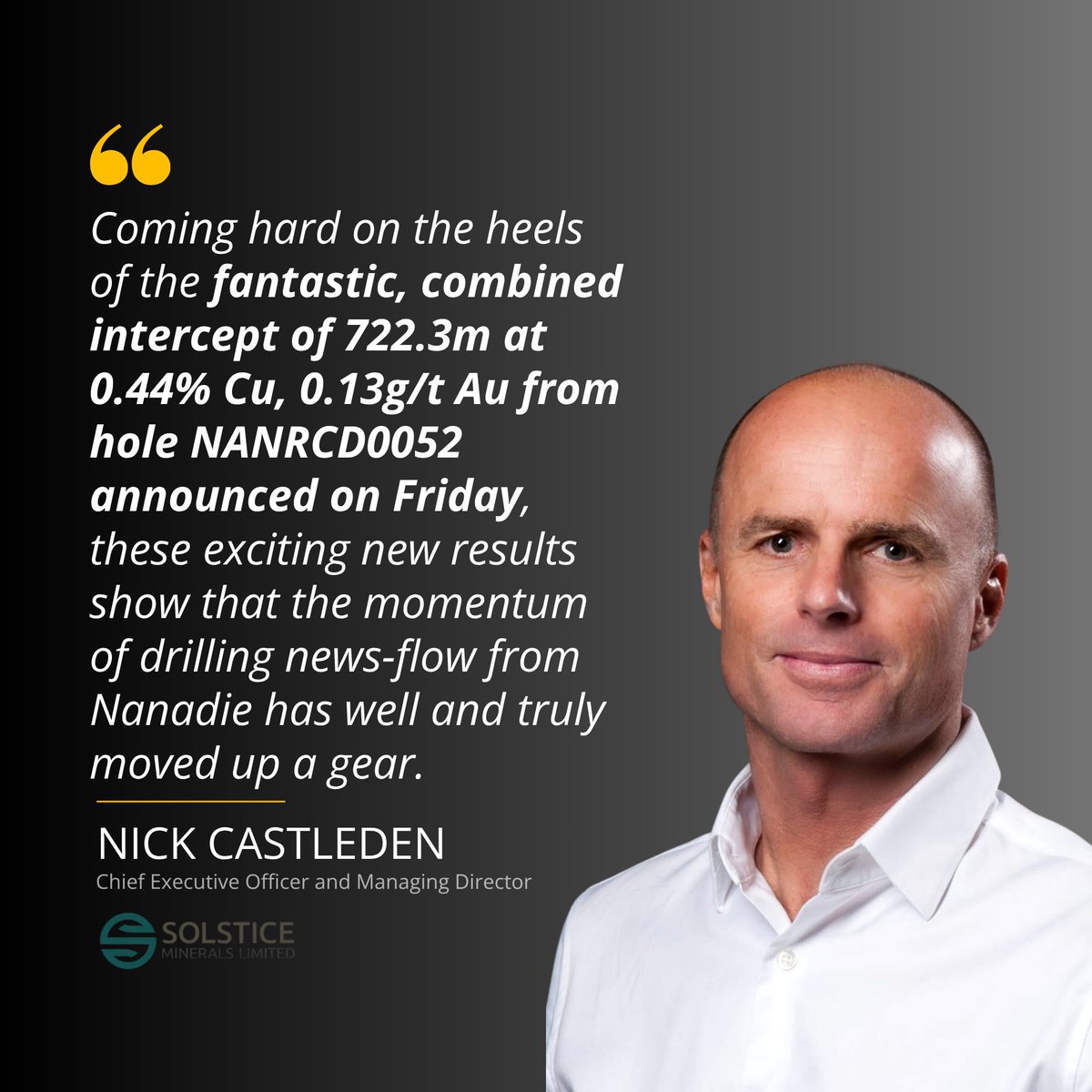 ReadCorporate's tweet photo. .@SolsticeMin continues to deliver bumper results from its Nanadie copper-gold project in WA as drilling accelerates. Assays of up to 83m @ 0.96% Cu, 0.44g/t Au have identified important new high-grade zones within and adjacent to the resource. 

https://t.co/qrpXpPPfpS

$SLS https://t.co/zOaZH7rIaw