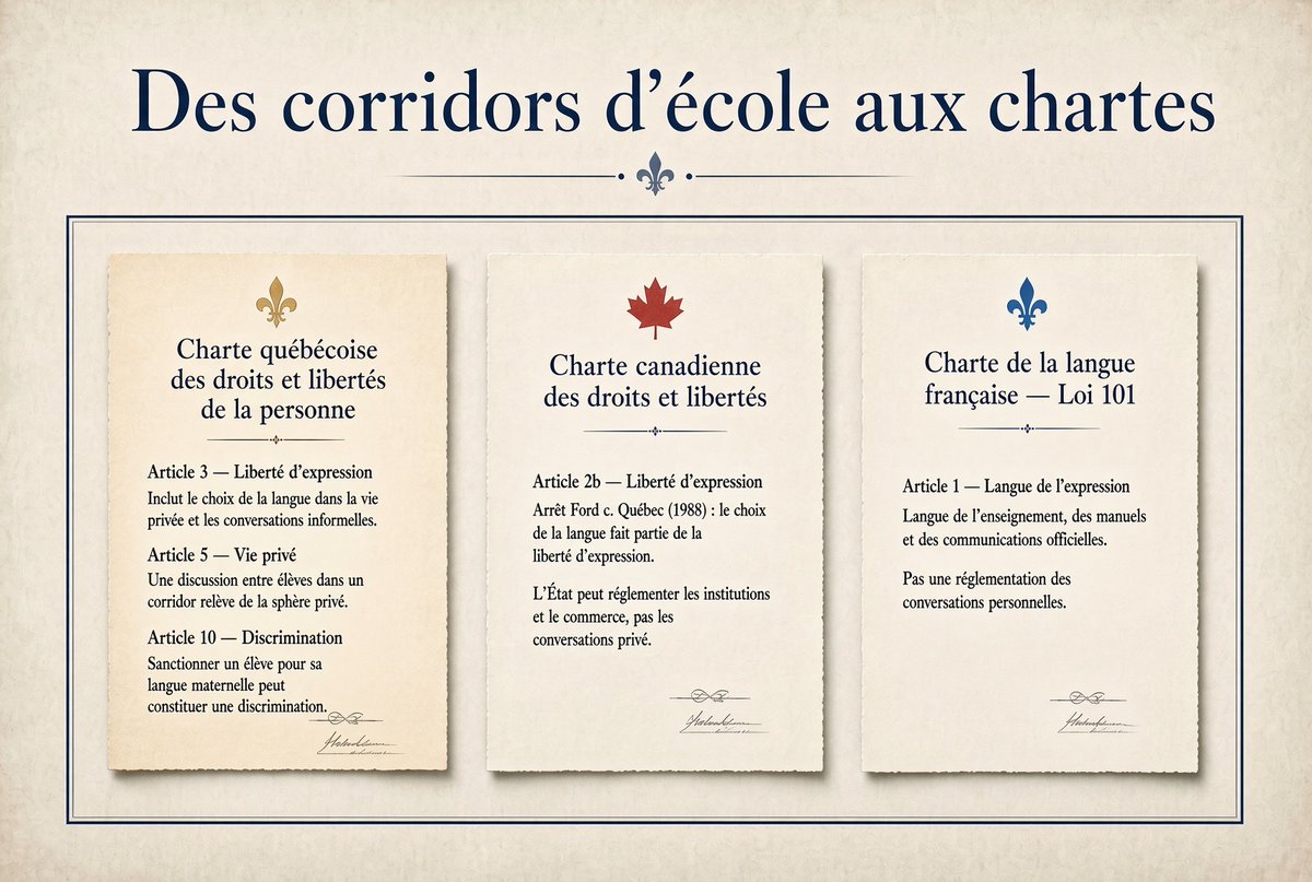 anniedufour99's tweet photo. 🇲🇶Élections Québec : Des corridors d’école aux chartes : le PQ joue avec le feu.

La proposition du Parti québécois, vérifier la langue parlée dans les corridors et espaces publics des écoles, semble bénigne à première lecture. En fait, elle est incendiaire.

Elle comporte les germes d’un choc brutal et frontal entre la protection du français par l’intégration et le respect des libertés individuelles.

Paul St-Pierre Plamondon, qui affirme que le Québec se trouve à bout d’outils pour assurer la survie de sa langue, envisage une enquête :

« Ce qu’on va essayer de mesurer, c’est est-ce qu’il y a une gêne ou une difficulté à utiliser le français dans les corridors d’école où la majorité des élèves sont issus de l’immigration et où la langue dans le corridor n’est pas le français. »

Si ce qu’il trouve ne lui plaît pas (pas assez de français, on suppose), il n’exclut pas d’implanter l’obligation de parler le français dans ces espaces privés.

L’obligation, oui.

Une telle loi entrerait en collision avec plusieurs lois fondamentales, québécoises et canadiennes.

La Charte des droits et libertés de la personne du Québec

La liberté d’expression (article 3) : La liberté d’expression inclut le choix de la langue dans laquelle une personne choisit de s’exprimer dans sa vie privée ou ses conversations informelles.

Le droit à la vie privée (article 5) : Une discussion privée entre deux élèves dans un corridor relève de la sphère privée. L’État ou la direction de l’école n’a pas le droit de s’immiscer dans ces échanges confidentiels.

L’interdiction de la discrimination (article 10) : Sanctionner un élève parce qu’il parle sa langue maternelle pourrait être interprété comme une discrimination basée sur la race, l’origine ethnique ou la langue.

La Charte canadienne des droits et libertés

La liberté d’expression (article 2b) : La Cour suprême du Canada a statué à maintes reprises (notamment dans l’arrêt historique Ford c. Québec en 1988) que le choix de la langue fait partie intégrante de la liberté d’expression. L’État peut réglementer la langue des institutions ou du commerce, mais pas celle des conversations privées.

La Charte de la langue française (Loi 101) elle-même !

La Loi 101 établit que le français est la langue de l’enseignement au primaire et au secondaire public. Elle régit la langue des manuels, des cours et des communications officielles de l’école.

Cependant, elle ne restreint pas les droits des individus à parler la langue de leur choix dans leurs interactions personnelles. Introduire une interdiction dans les corridors modifierait la nature même de la loi, passant d’une réglementation des institutions à une réglementation des individus.

Comme vous le constatez, les obstacles juridiques sont nombreux.

D'autres pays...et c'est litigieux! 

J’ai cherché pour voir si, ailleurs dans le monde, de telles lois ou règlements s’appliquaient.

Certains pays, via leurs écoles, tentent de « forcer » l’usage d’une langue dans les espaces privés des écoles. Mais, dans chaque cas, la controverse abonde et la montée des barricades s’ensuit. Examinons ces cas.

Catalogne (Espagne)

La loi espagnole ne permet pas d’interdire l’usage de l’espagnol dans les corridors d’école, jugés moments privés des élèves. Mais l’État catalan, lui, veut l’imposer. Ainsi, il « patrouille » les corridors des écoles. Des observateurs interviennent auprès de ceux qui parlent espagnol, les ramenant à l’ordre. Ils n’imposent pas de sanction.

Ce jeu de chat et souris mène à des guerres juridiques épiques, sur l’axe droit de la personne vs droit d’imposer la langue véhiculaire (langue du pays).

Ces conflits perdurent à ce jour.

Flandre (Belgique)

La région flamande impose le néerlandais dans toutes ses écoles, même dans les espaces privés comme les corridors et les cours de récréation, à travers ses règlements d’école, et non pas une loi gouvernementale, qui ne passerait pas le test des droits de la personne. Ainsi, les règlements des institutions scolaires contournent la difficulté et instaurent le néerlandais partout et en tout temps. Des punitions sont même appliquées aux élèves qui parlent français ou une autre langue, conversation privée ou pas. Toujours pour éviter de contrevenir aux lois sur les droits de la personne, ces punitions sont présentées sous une forme « pédagogique » ou « d’intégration ». Par exemple, recopier des centaines de fois : « Je dois parler néerlandais »…

Deux autres cas dans des pays démocratiques concernent la Lettonie et l’Estonie, mais vous voyez le portrait se dessiner…

Les autres exemples — nombreux — se trouvent dans les États autoritaires comme la Turquie, la Chine, et l’ex-URSS.

Vous vous en doutez, dans ces pays, les moyens de promotion d’une langue ont manqué de douceur et de diplomatie.

Si nous revenons au Québec, le projet du PQ ne peut être banalisé car ailleurs dans le monde démocratique où il est implanté, il suscite des tollés, levers de boucliers, et amène les partis aux frontières des violations des droits de la personne.

Plamondon nous propose des luttes intestines et juridiques sans fin, comme c’est le cas en Catalogne, et des punitions , peut-être, comme en Flandre ?

Cela doit se débattre, et sérieusement ! 
#cdnpoli #polqc @PaulPlamondon
