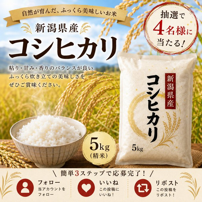 komachido_rice's tweet photo. \\やっぱご飯だよね//

『新潟県産 コシヒカリ🌾5kg×2袋』
抽選で４名様に当たる🎉

【応募方法】
・当アカウントをフォロー
・リポスト＆いいね❣️

応募締切：9月3日　23:59 https://t.co/kWfuT9zH7D