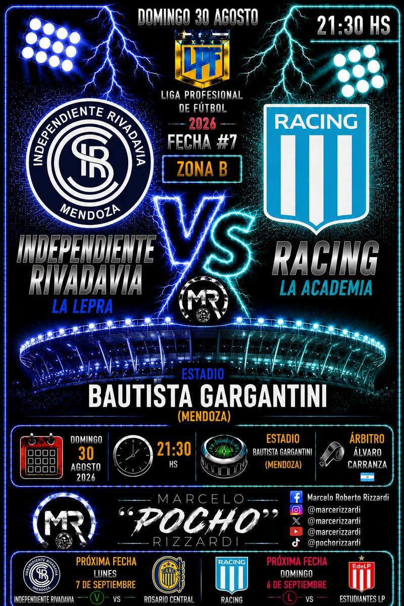 marcerizzardi's tweet photo. TORNEO CLAUSURA @LigaAFA 🇦🇷 2️⃣0️⃣2️⃣6️⃣ (Fecha 7️⃣) ZONA 🅱️ a las 21:30 hs la #Academia visita a #Lepra mendocina.
@CSIRoficial 🆚️ @RacingClub
#IndependienteRivadavia
#LPF 🇦🇷 #Racing https://t.co/PAWwVMFTxL