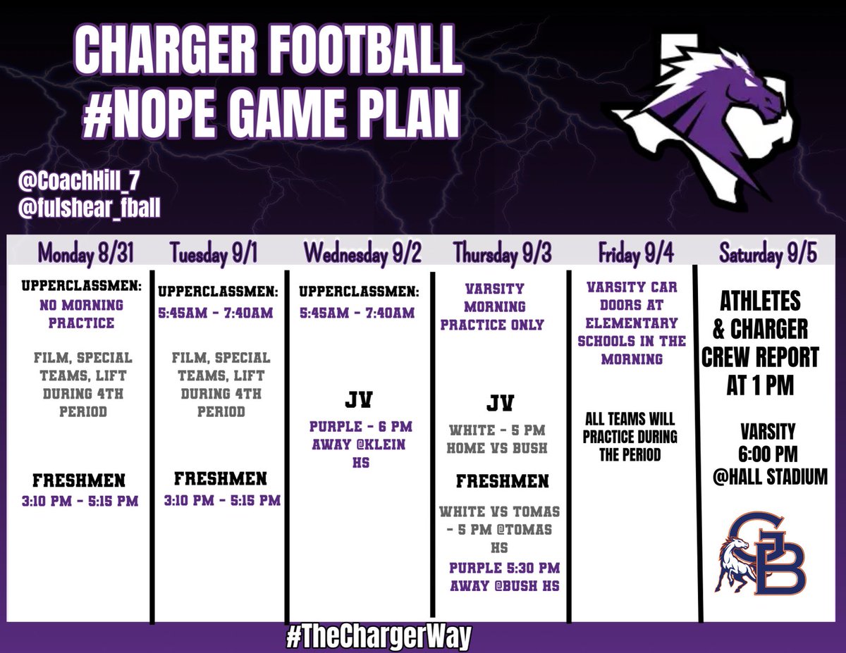CoachHill_7's tweet photo. Here is the Fulshear Football plan for the week. 
Please take notice of a few changes. https://t.co/Q79yX83csS