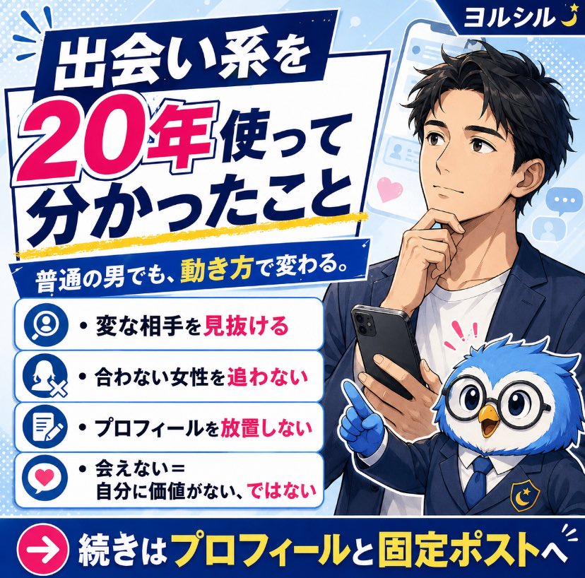 yorushiru01's tweet photo. 毎朝ラヴィット見てると曜日感覚が鈍りますね🥱

出会い系を約20年使って思うこと。
モテる男やイケメンが勝つわけでもない。

・変な相手を見抜ける
・合わない女性を追わない
・「会えない＝自分に価値がない」と考えない
これができる男が強い。

ヨルシルは、
「普通の男性に向けて」書いてます👇 https://t.co/7d84QBkpU8