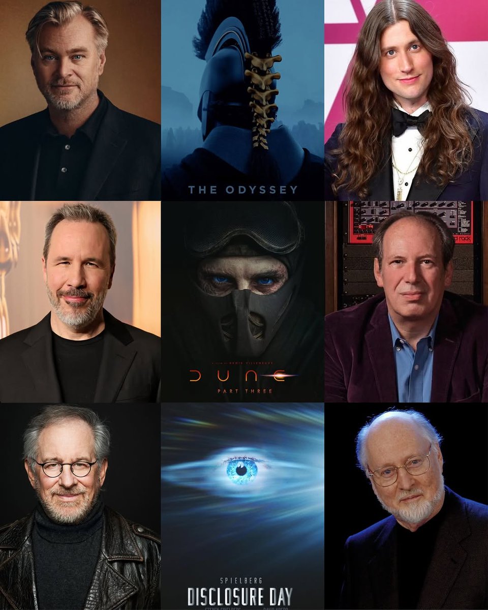 GarotasBsite's tweet photo. Three ICONIC directors. Three ICONIC music composers. Three ICONIC casts. Which of these upcoming blockbuster films are you most eager to see? 🍿

[Christopher Nolan, The Odyssey, Steven Spielberg, Disclosure Day, Denis Villeneuve, Dune Part Three, Lu... https://t.co/9MU5LvXJep