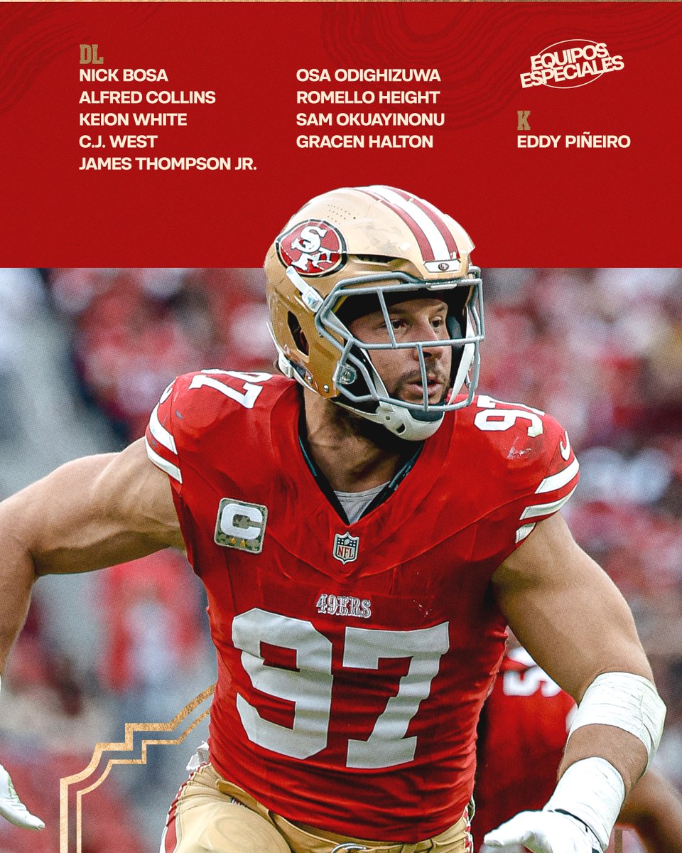 49ersESP's tweet photo. La defensa ✋

Este es el roster inicial a la defensiva y equipos especiales.

#FTTB https://t.co/H0IbjOYqXJ
