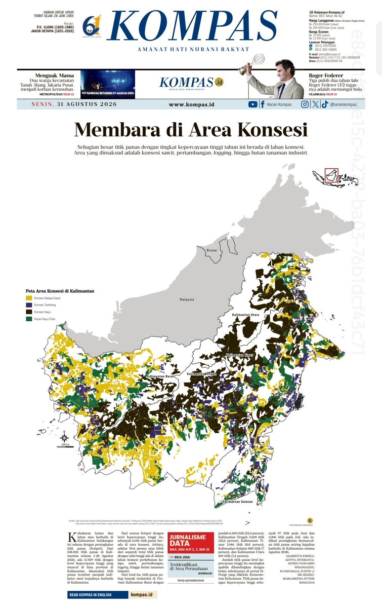 BiLLYKHAERUDIN's tweet photo. Tim Jurnalisme Data @hariankompas menemukan fakta, pola sebaran titik panas berada di area konsesi tambang, perkebunan, hingga logging atau pemanfaatan dan pengusahaan kayu. Ada lebih dari 11.929 titik panas level kepercayaan tinggi di Kalimantan. 
https://t.co/0sev7zwUxE https://t.co/11rPncZyVS