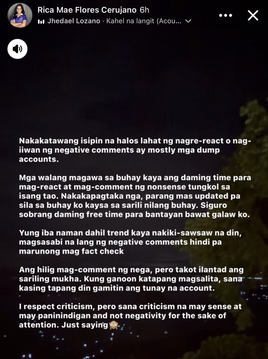 JonSalvic's tweet photo. SK Chairwoman Rica Mae Flores Cerujano na pasimuno ng trending balsa with her image nagsalita na.

"I respect criticism, pero sana criticism na may sense at paninindigan and not negativity for the sake of attention"

Inatake ang mga pumuna sa kanya, pero walang sense of accountability si neneng.