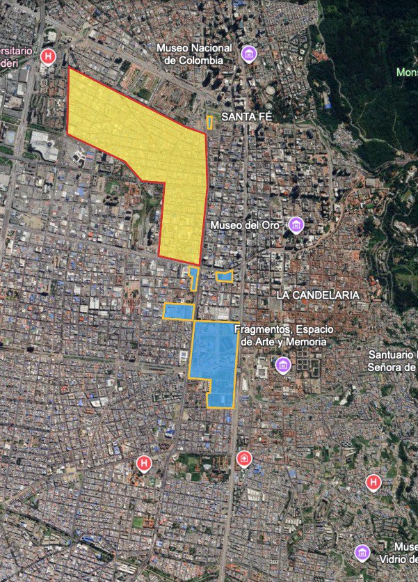 HamiBarrios's tweet photo. En 🔵 los proyectos hechos por Peñalosa para intentar recuperar el Centro. Si la renovación fuera una constante y una política distrital, y los otros 6 alcaldes del siglo hubieran renovado los mismos m2, ya habríamos renovado mínimo 1 millón de m2 (🟡) de Los Mártires, por ej. https://t.co/Zu02iomrcG
