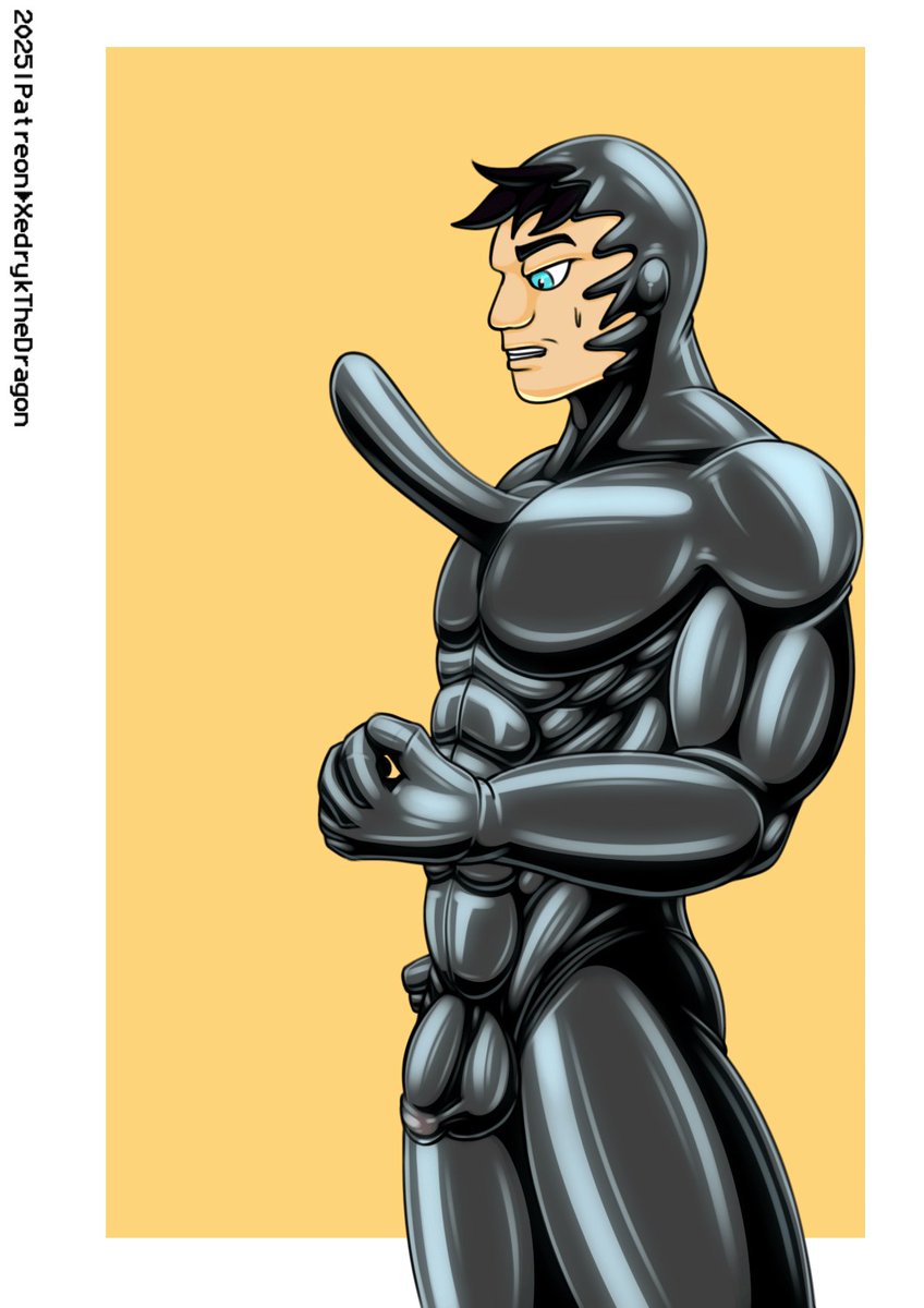 XedrykTheDragon's tweet photo. The suit had no zipper, just a neck entry. Intrigued, he decided to try it on. But then, something strange happened. The rubber started to melt, molding itself to his body in ways he hadn't anticipated. https://t.co/YA1a4zrVIG