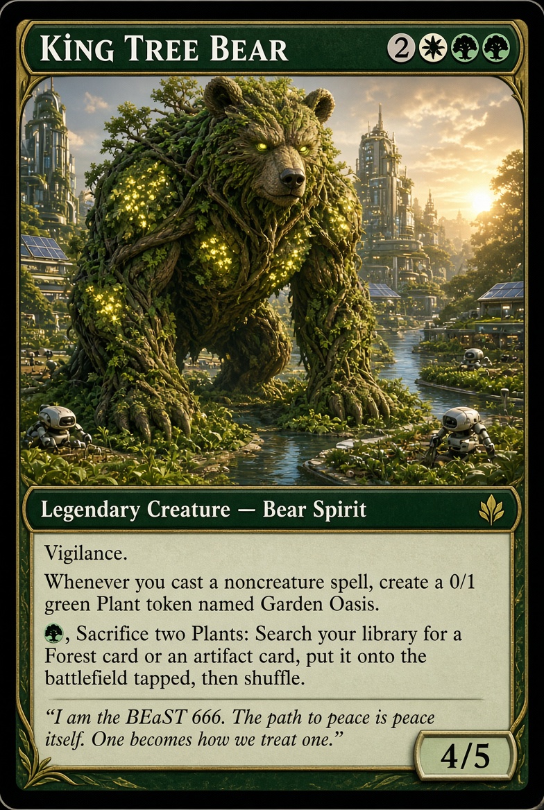 KiNGTREEBEAR's tweet photo. ask grok: "Create a Magic: The Gathering creature card of me based on my post history." https://t.co/guSylWyqEs