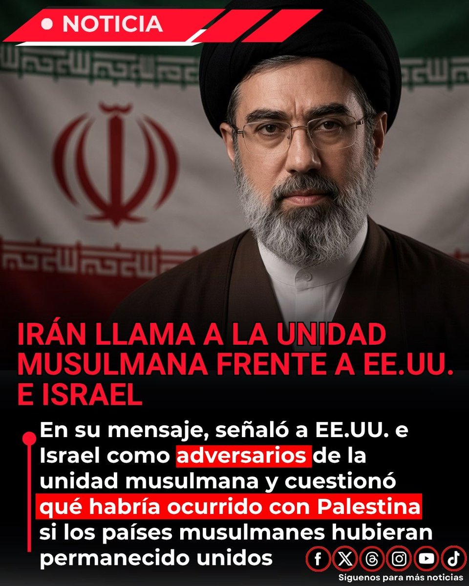 EnsedeCiencia's tweet photo. El líder supremo de Irán, Mojtaba Jamenei, lanzó este domingo un llamado a los países musulmanes, especialmente a los Estados del Golfo, para unirse, cooperar y hacer frente a lo que calificó como su “verdadero enemigo”.

En un mensaje difundido durante la Semana de la Unidad Islámica, Jamenei señaló directamente a Estados Unidos e Israel como enemigos de la unidad del mundo musulmán y cuestionó qué habría ocurrido con los palestinos si los países musulmanes hubieran permanecido unidos.

��🇷 El dirigente iraní también pidió a los gobiernos del Golfo defenderse mutuamente y superar sus divisiones, argumentando que la falta de unidad beneficia a sus adversarios.
Aunque esto no significa que los países musulmanes hayan formado una alianza militar en Irán ni que exista acuerdo para entrar conjuntamente en guerra contra Estados Unidos O Israel.