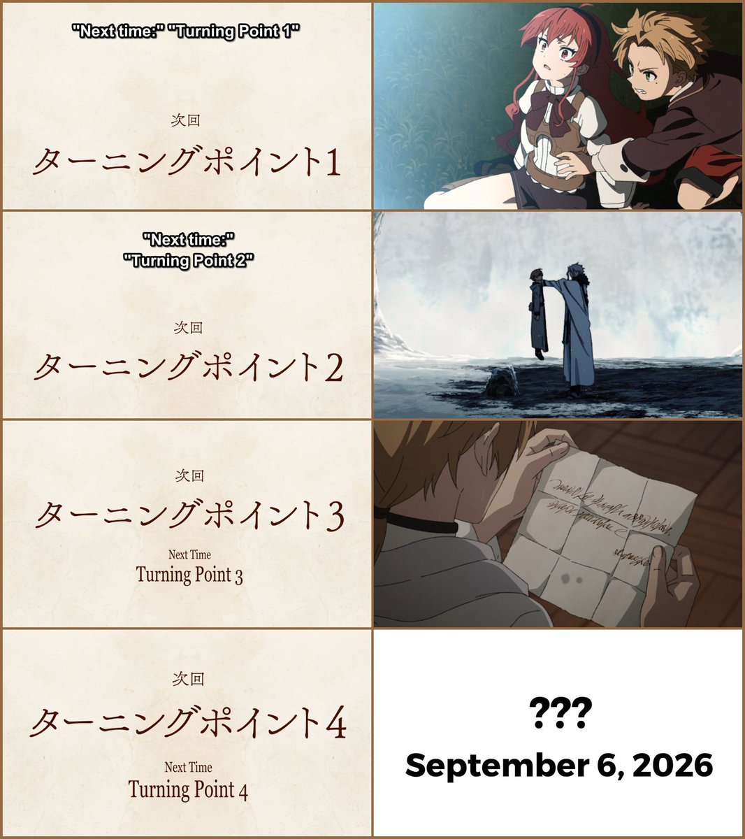 AniSphere_TM's tweet photo. "Mushoku Tensei" Season 3 revealed the title of its next episode: "Turning Point 4."

The episode will premiere next Sunday on September 6 (Studio Bind). https://t.co/tOgEdDf4O8