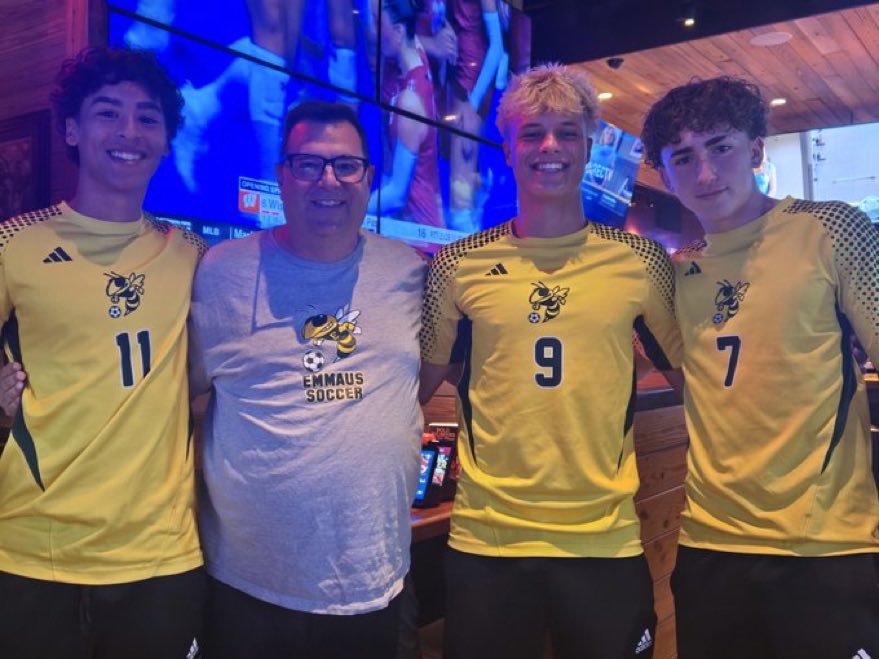 EmmSoccer's tweet photo. Thank you Scott Johnston from @EastPASportsnet for inviting us to the inaugural EPC boys’ soccer media day. And thank you Noah Delgado, Brennan Stack, and Ant Suida for representing us well. https://t.co/a8HrQOjFcJ