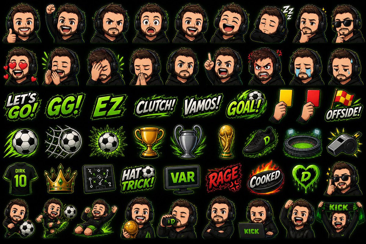 Dirk_JDR's tweet photo. Gave ChatGPT a prompt, it made over 50+ emotes in 3 minutes. 

I know AI has been so frowned upon for anything graphic wise, but it’s so much easier to use for such good quality. 

Rebranded my whole kick as well. 🔥 https://t.co/A5lBzSGxGY