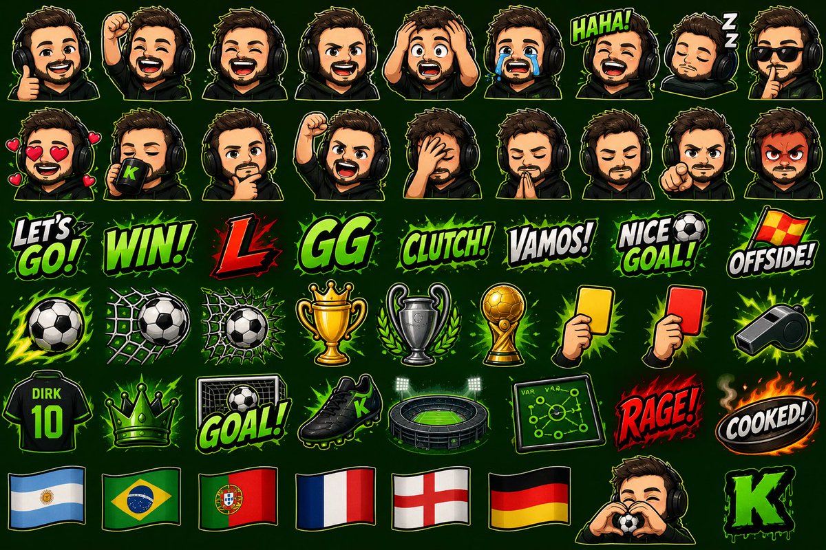 Dirk_JDR's tweet photo. Gave ChatGPT a prompt, it made over 50+ emotes in 3 minutes. 

I know AI has been so frowned upon for anything graphic wise, but it’s so much easier to use for such good quality. 

Rebranded my whole kick as well. 🔥 https://t.co/A5lBzSGxGY
