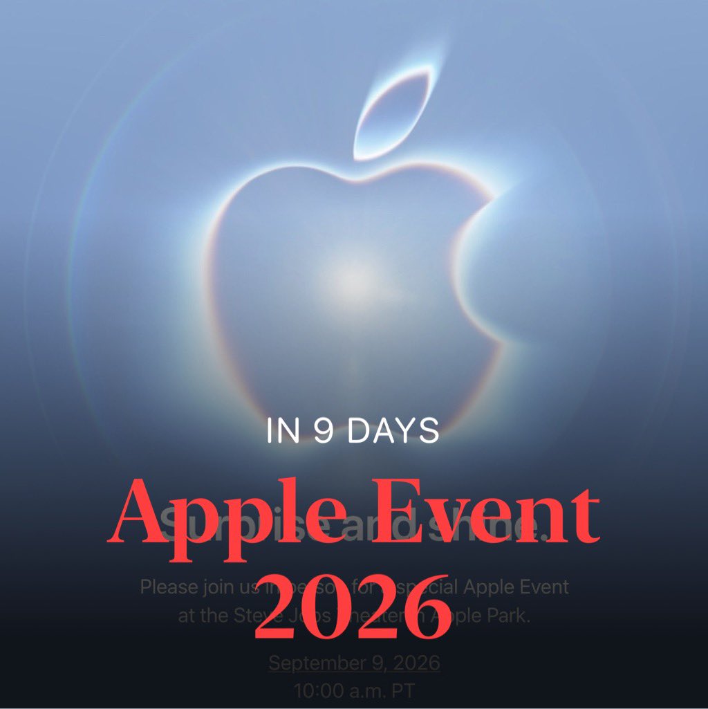 SnowydayUK3's tweet photo. 9 Days Until #AppleEventย 2026 https://t.co/hTlhkGjxqj