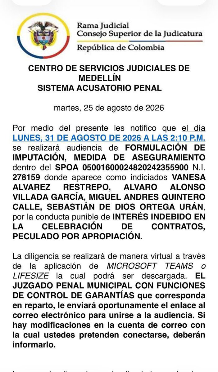 simonmolinag's tweet photo. #ATENCION 🚨
Mañana 2:10 p.m. audiencia de imputación y medida de aseguramiento contra el hermano de Daniel Quintero por todo lo que se robaron en Medellín. 
Cargos: interés indebido en la celebración de contratos y peculado por apropiación.
Seis contratos del Área Metropolitana con Bomberos de Itagüí por más de $18 mil millones. Desfalco de $2.500 millones. Comisiones que superan los $3.200 millones.