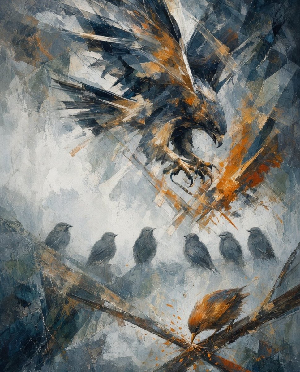 LettersOfBlack's tweet photo. Sudden silence 
Moments when the birds shut their beaks apart from the one. The oblivious victim is still chipping away. Then the hawk hits talons first.
#MicroPsych0
@MicroPsych0
- sudden silence https://t.co/KfiwhygtUt